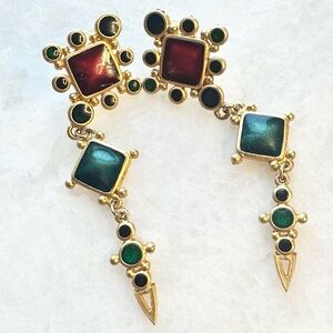 Vintage Anne Klein AK Gold Tone Enamel Geometric Drop Earrings